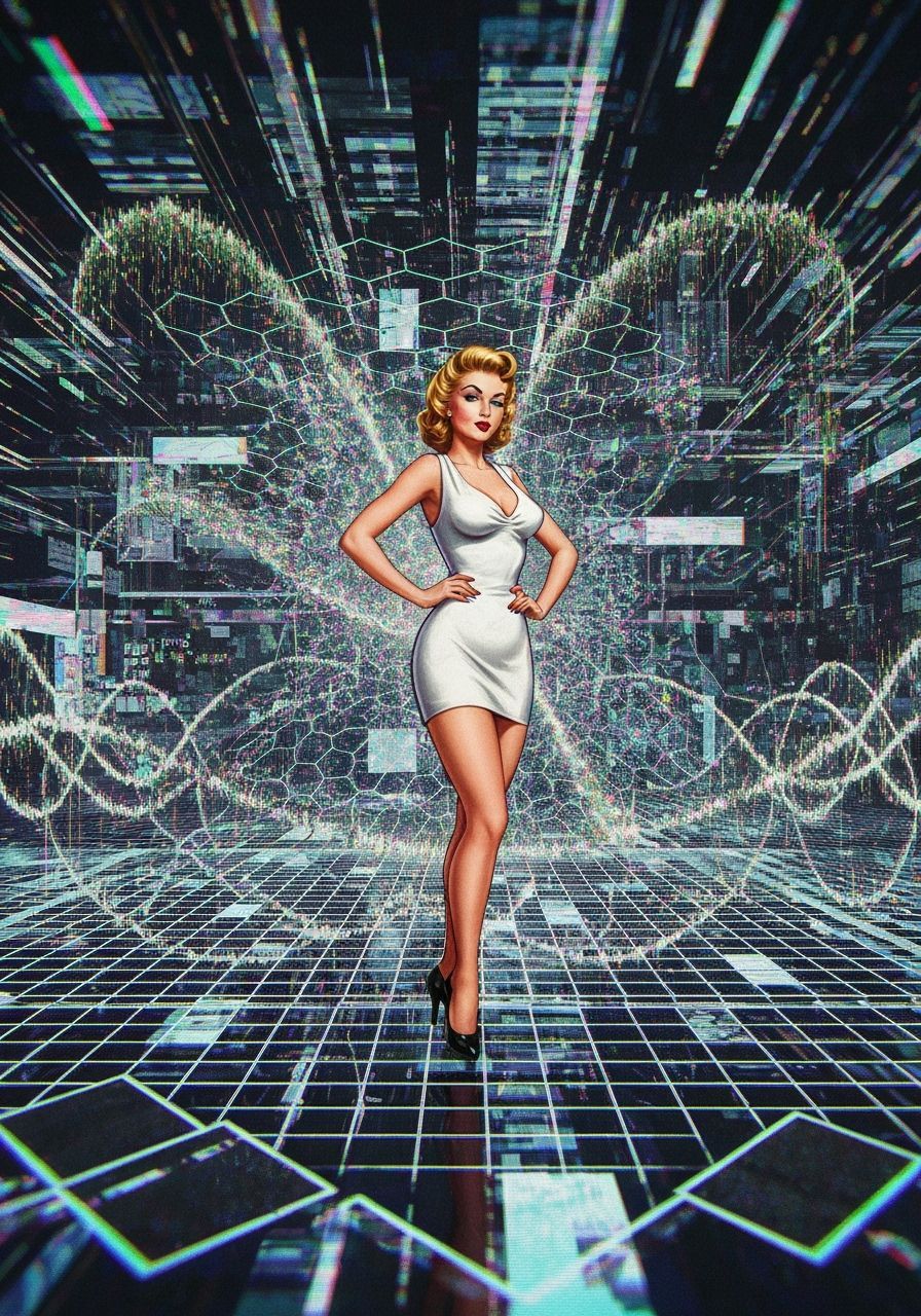 1950s Pin-up in Surreal Glitch Fractal Landscape