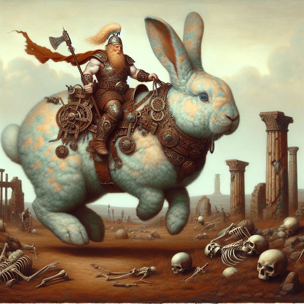 Strong Blonde Barbarian Rides Steampunk Rabbit Through Battl...