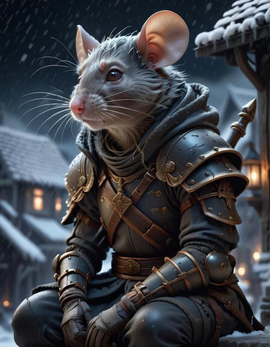 Mouse Warrior in Snowy Village: Fantasy Digital Art