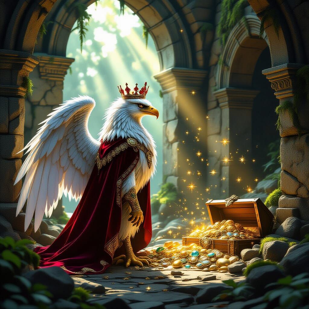 Majestic Griffin Guards Treasure in Ancient Ruin