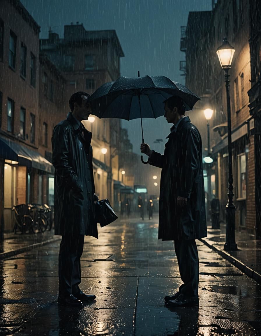 Melancholic Encounter in Rainy City: Film Noir Scene