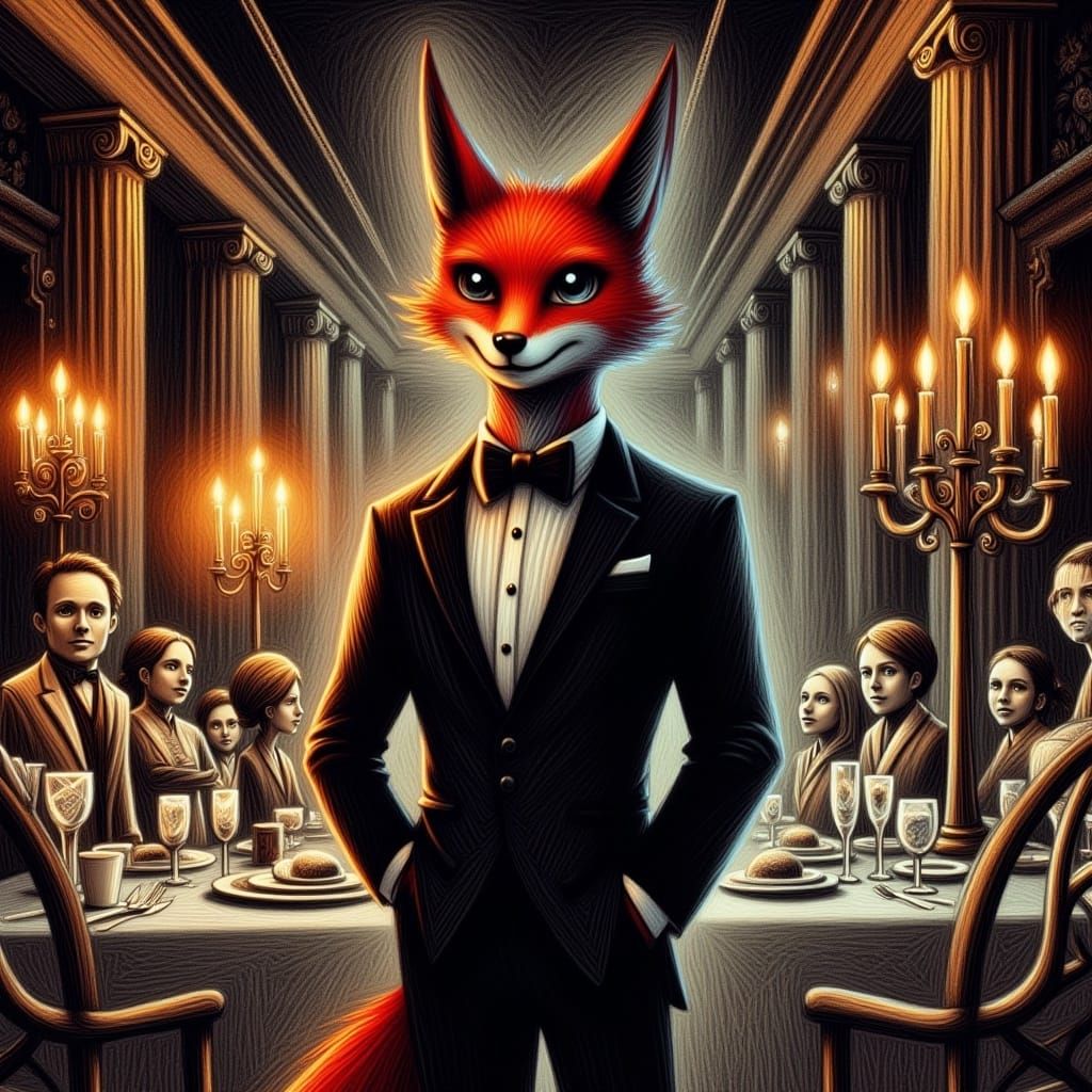 Fox in Tuxedo at Dinner Party