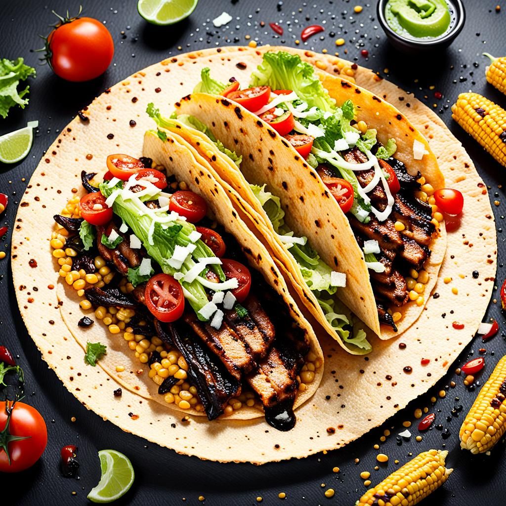 Whimsical Mexican Tacos with Grilled Meats in Splash Art