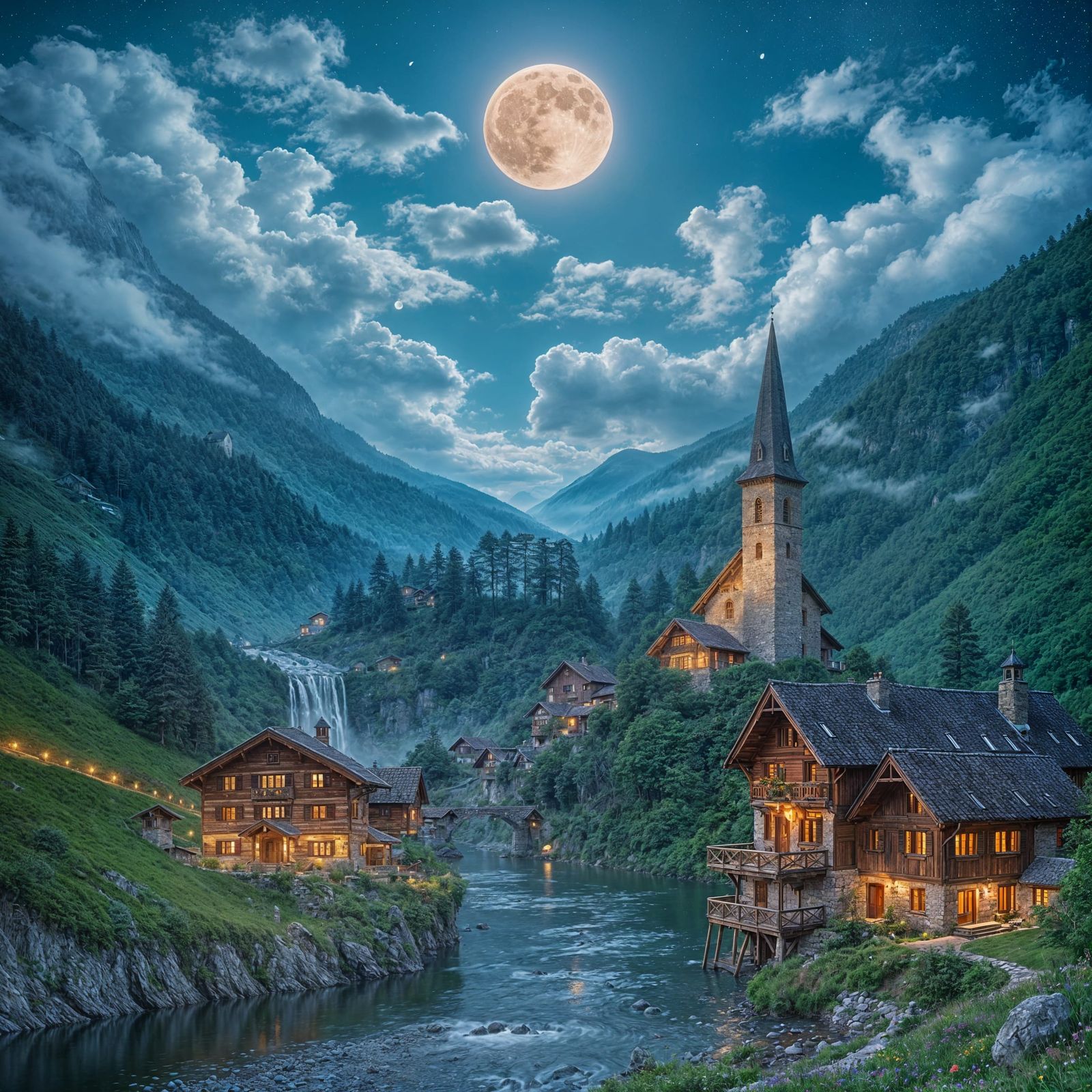 Swiss Nightscape Unfolds Beneath a Royal Blue Sky