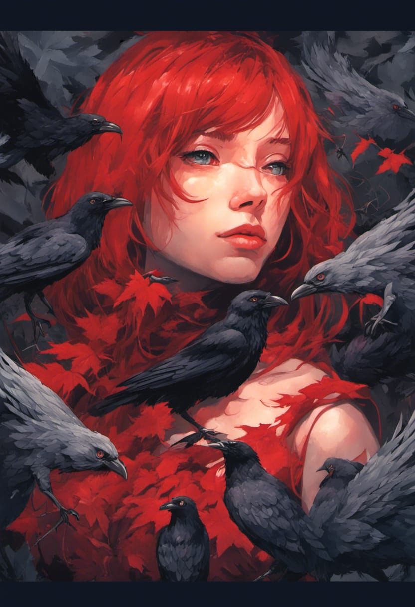 Anime Portrait of Woman Surrounded by Ravens