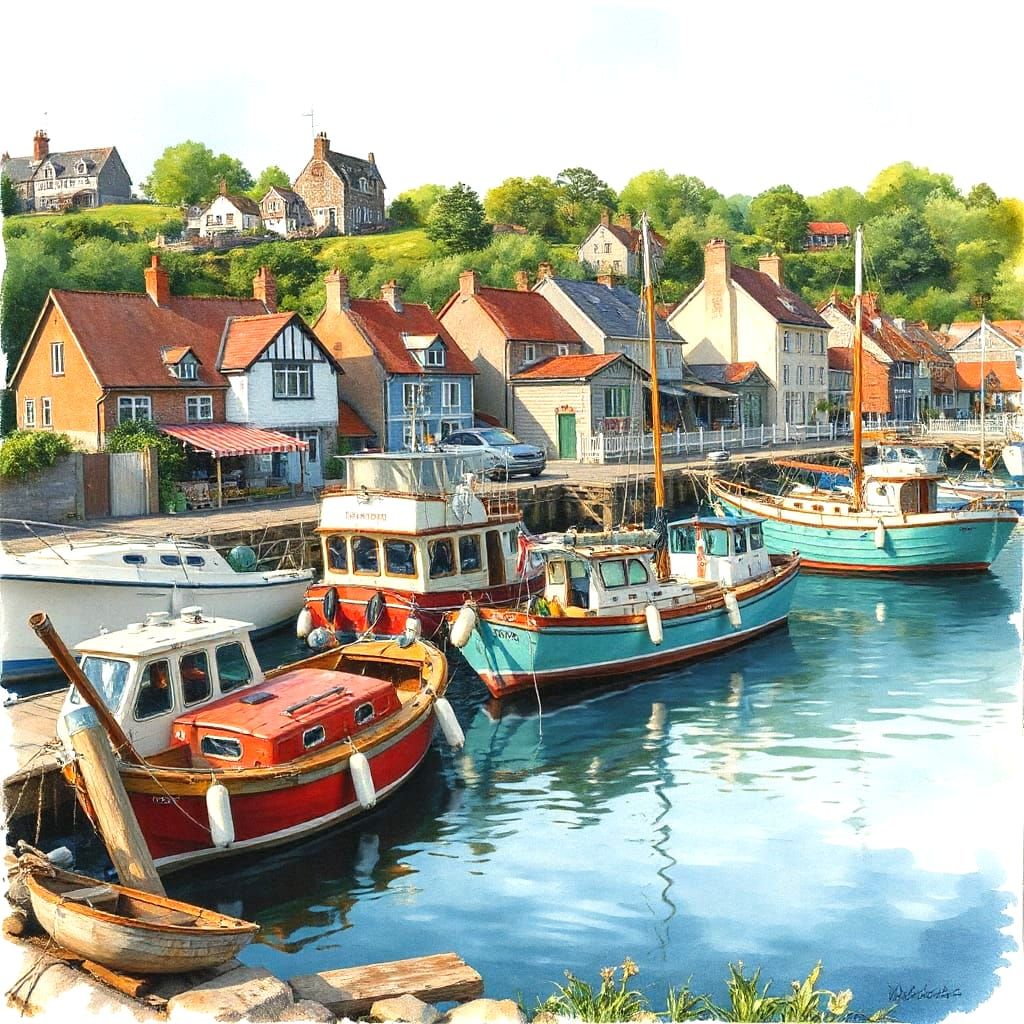 Coastal Village: Watercolor Harbor Scene in Rich Tones