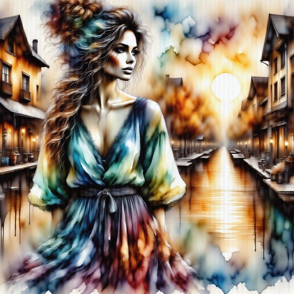 Mysterious Art Deco Figure with Sunrise Sunset Double Exposu...