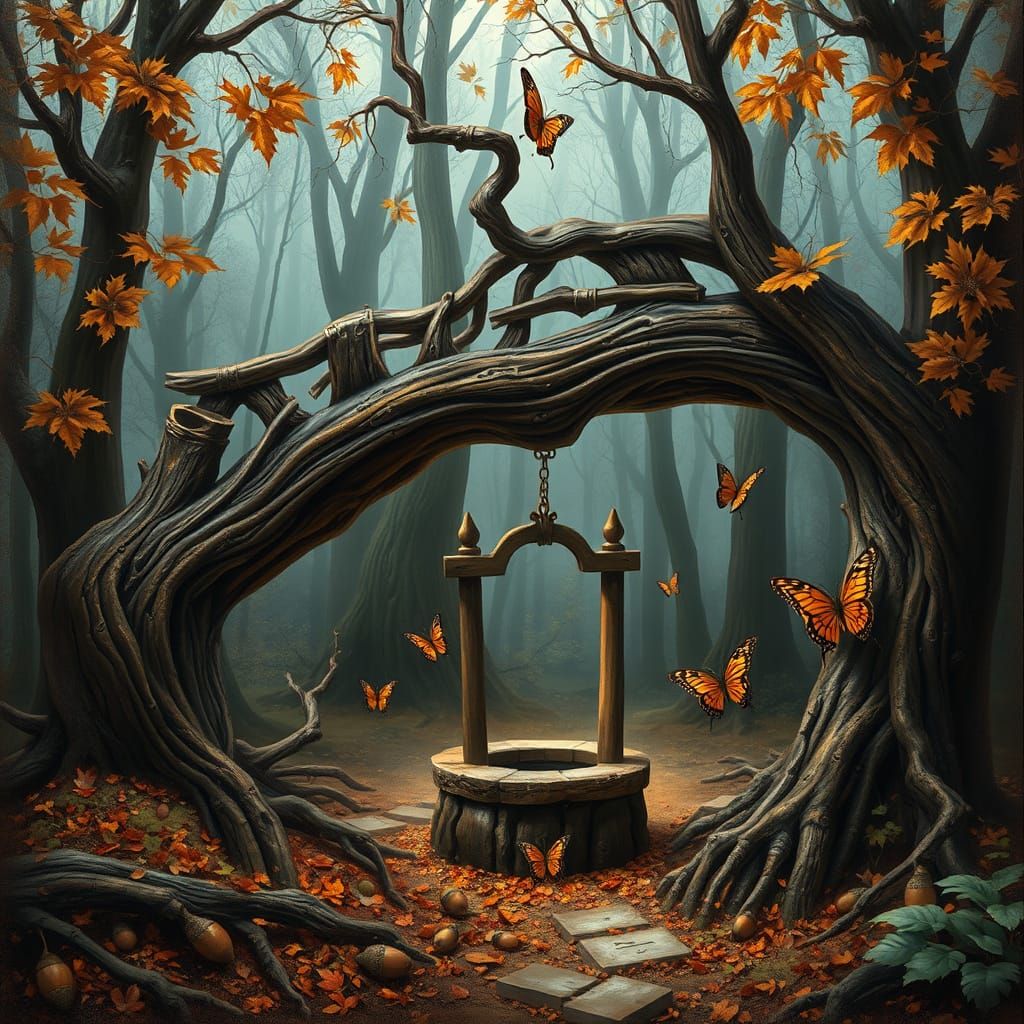 Whimsical Autumn Forest Bridge and Wishing Well