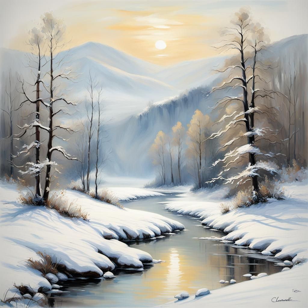 Winter Landscape with Train, in Impressionist Style