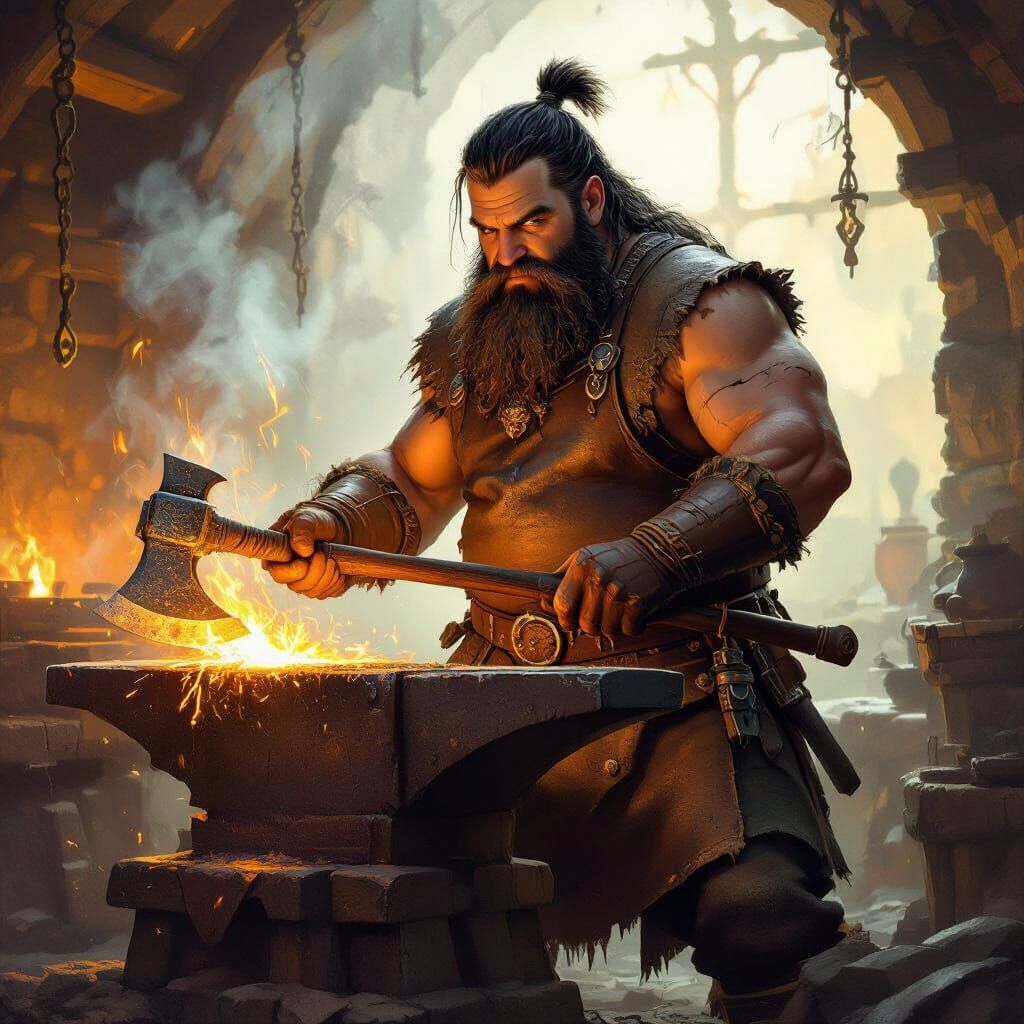 Dwarven Blacksmith Forging Axe in Fantasy Style