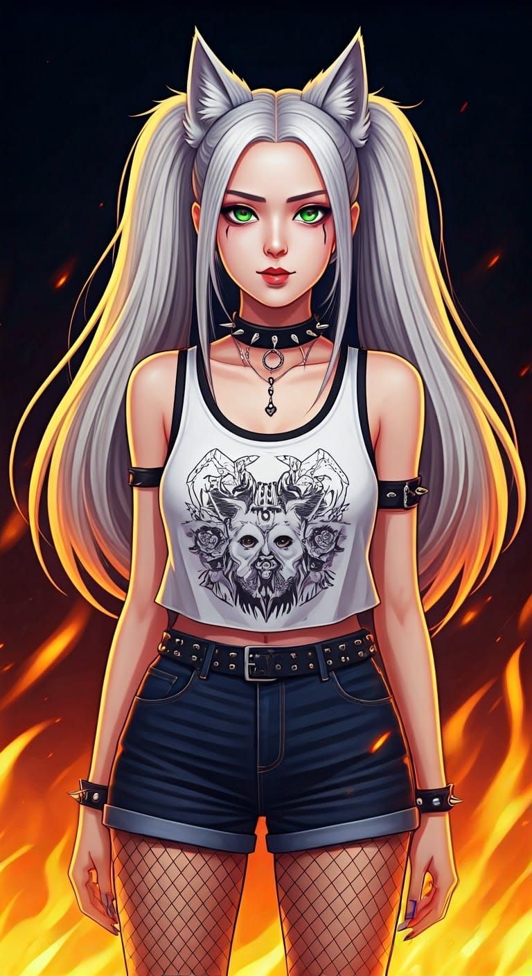 Fiery Wolf-Eared Woman in Shounen Anime Style