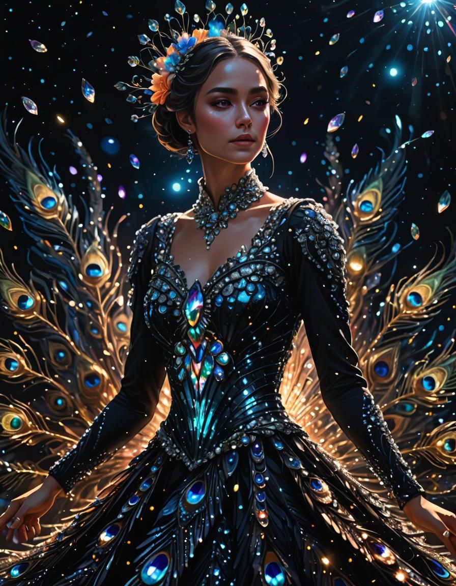 Crystal Woman in Peacock Dress: Digital Art