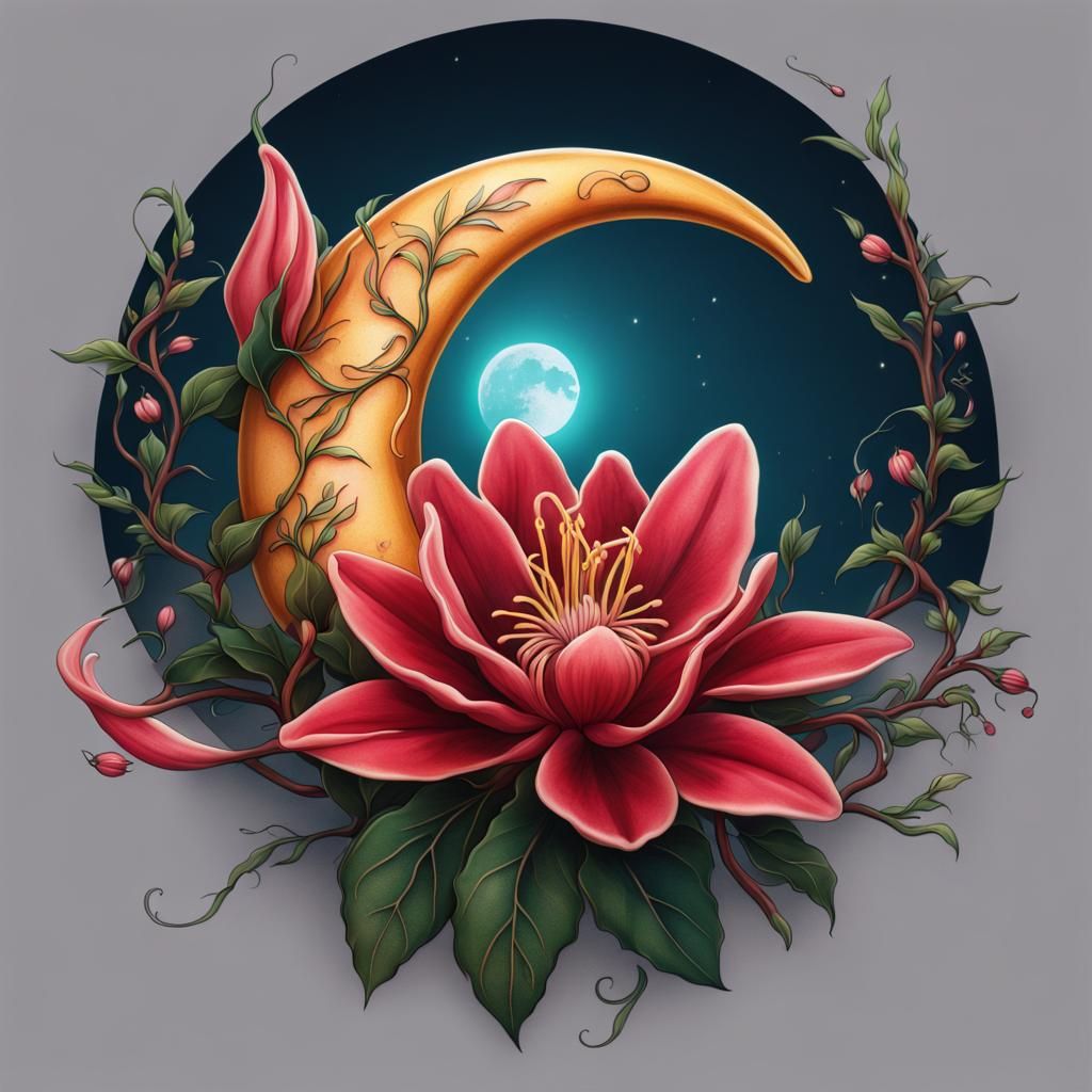 Tattoo of a simple honeysuckle flower next to a crescent moon, vibrant