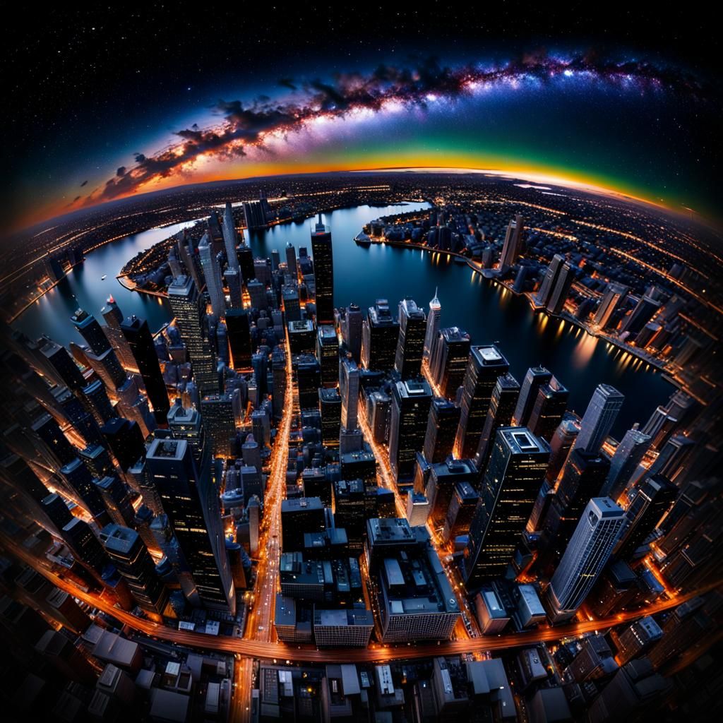 Detailed Cityscape Under Milky Way Photograph