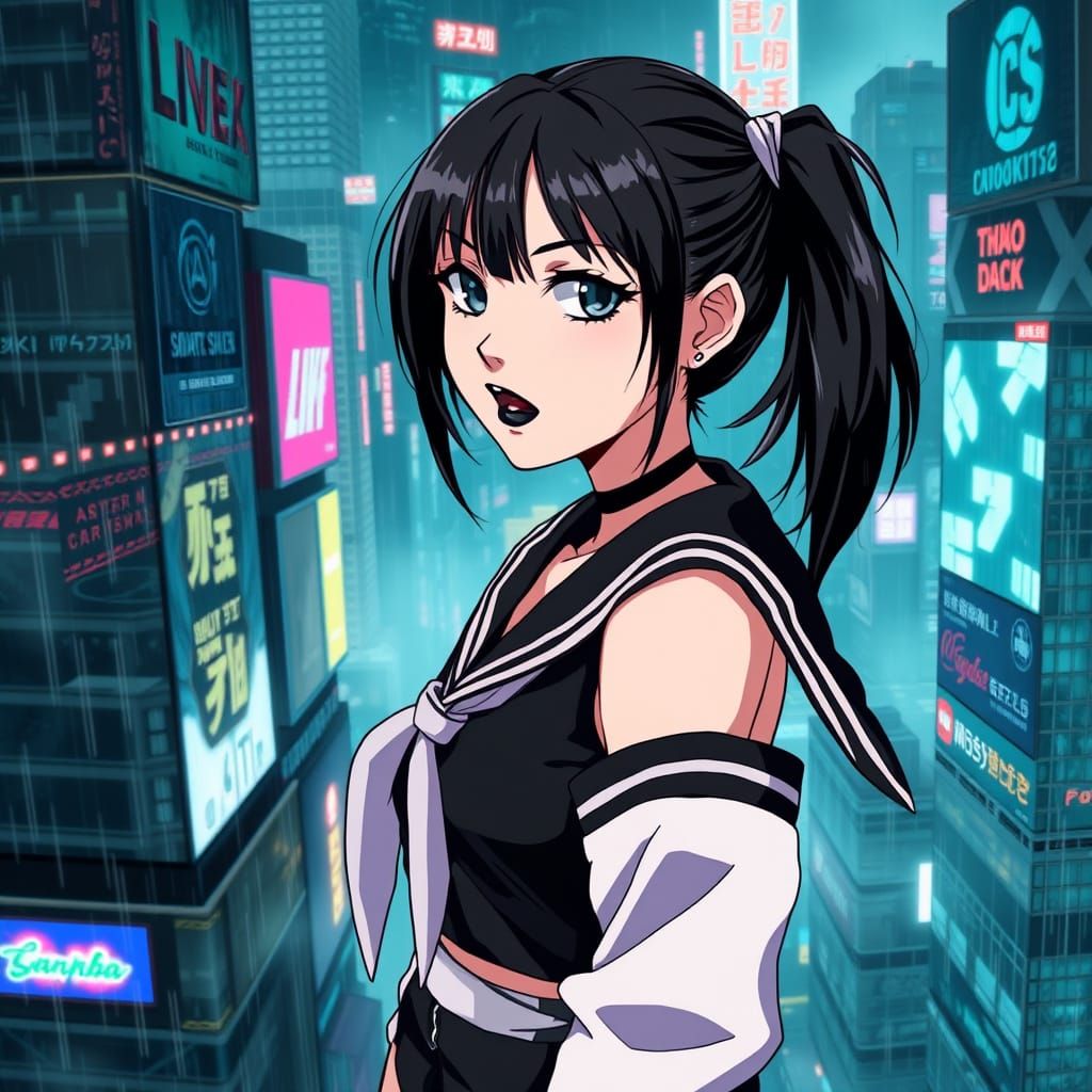 Goth Girl in Cyberpunk Metropolis: Anime Style