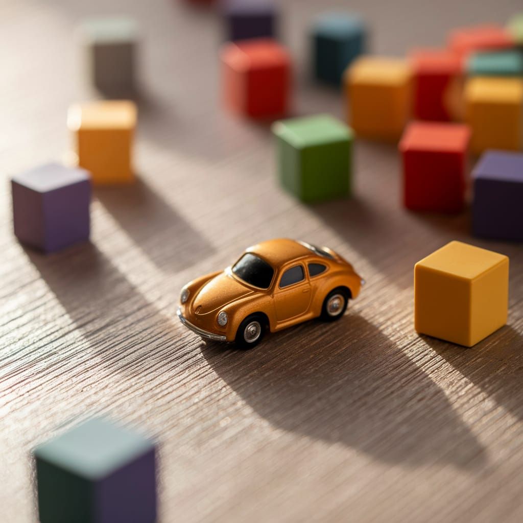 Vibrant Toy Car in Whimsical Wooden Setting