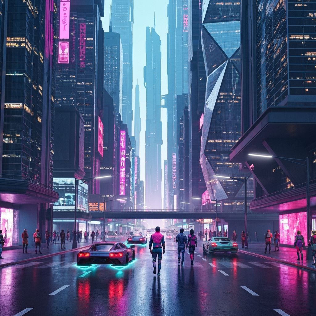 Woman in Neon Outfit in Futuristic Cityscape