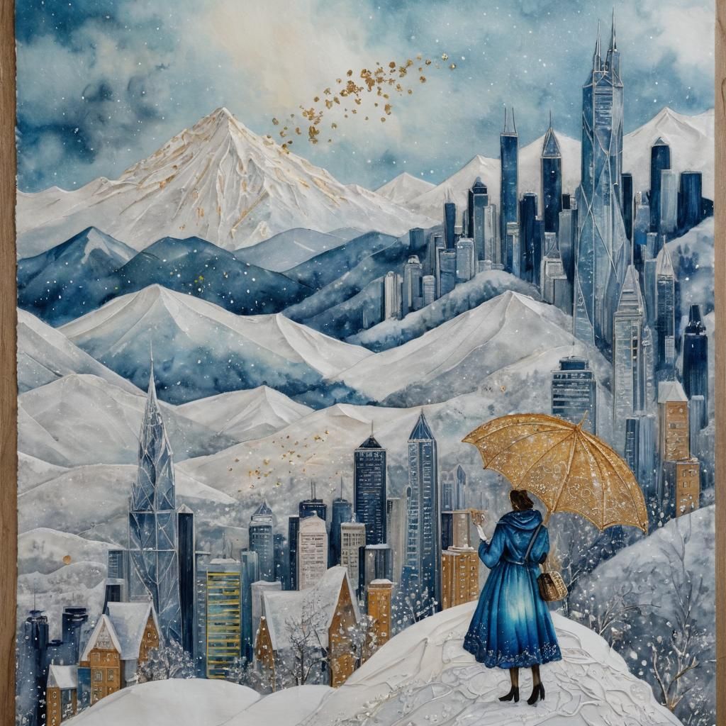 Midnight City Snowscape in Whimsical Watercolor