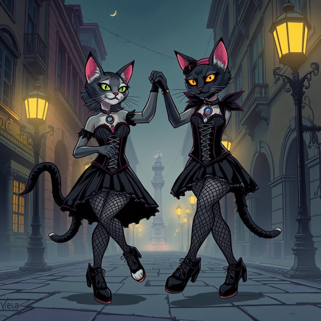 Gothic Cat Duo in Tap Shoes Dance in Victorian-Inspired Eleg...
