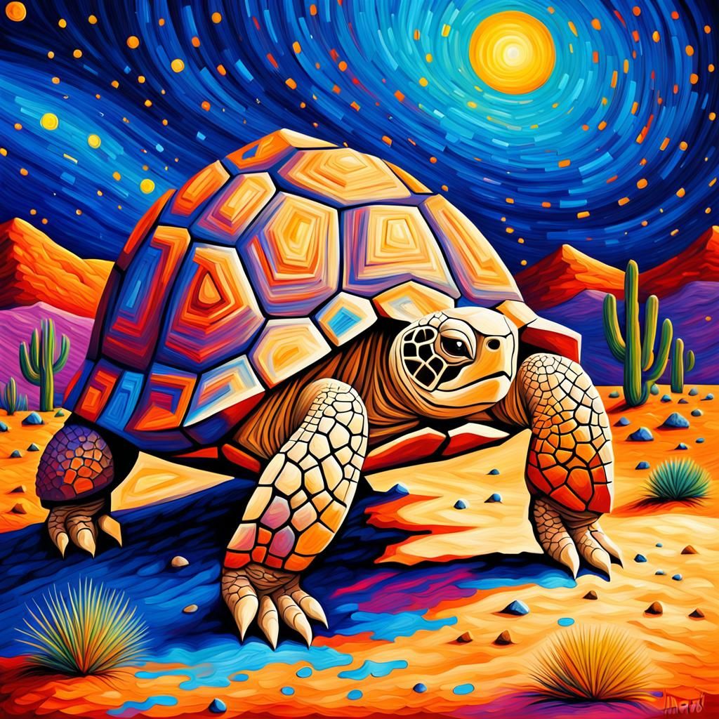 Desert Tortoise in Starry Desert, Impasto Oil Painting