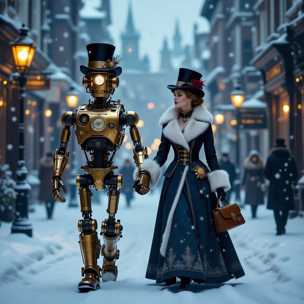 Automaton and Owner in Snowy Victorian Metropolis