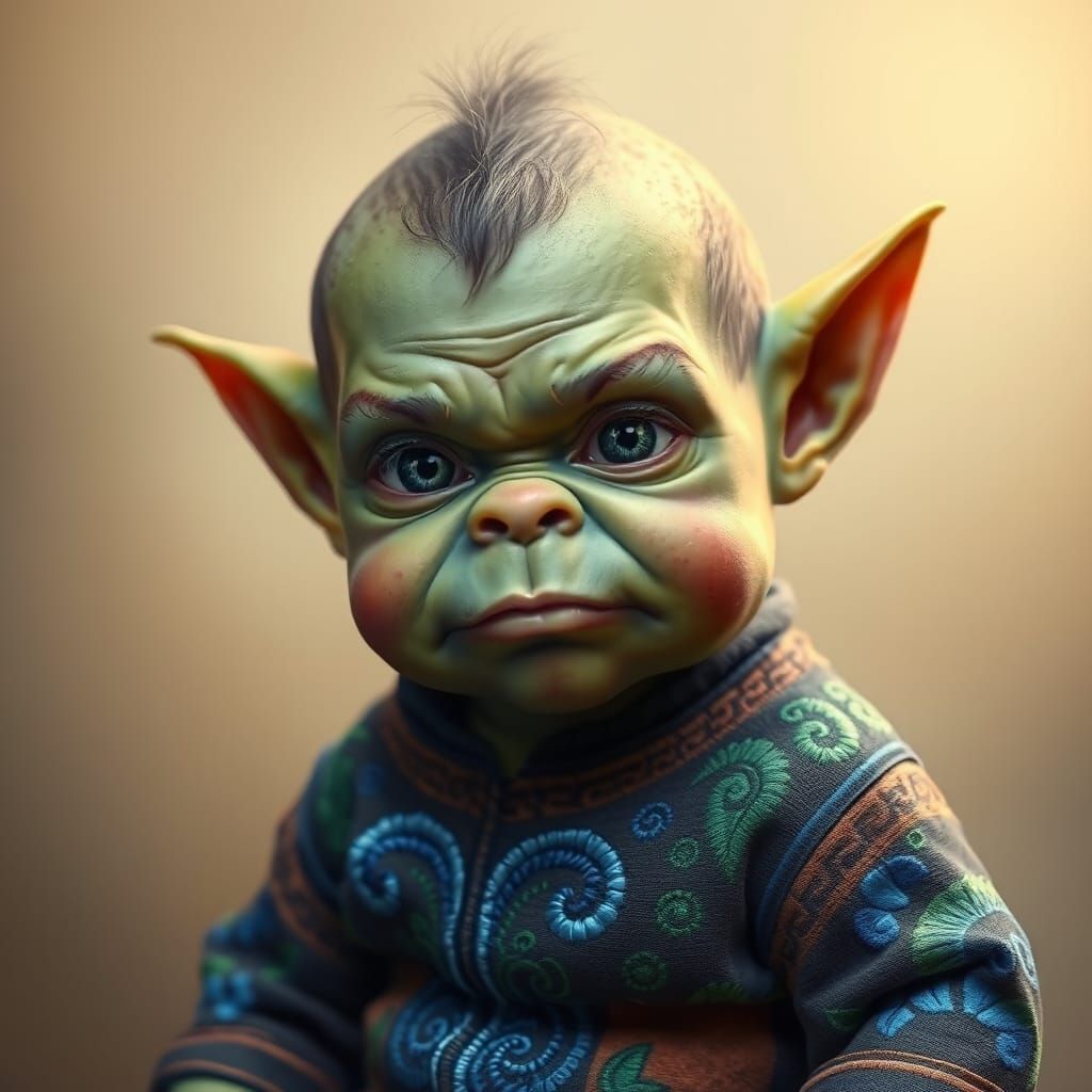 Hyperrealistic Baby Orc Portrait in Vibrant Clothing