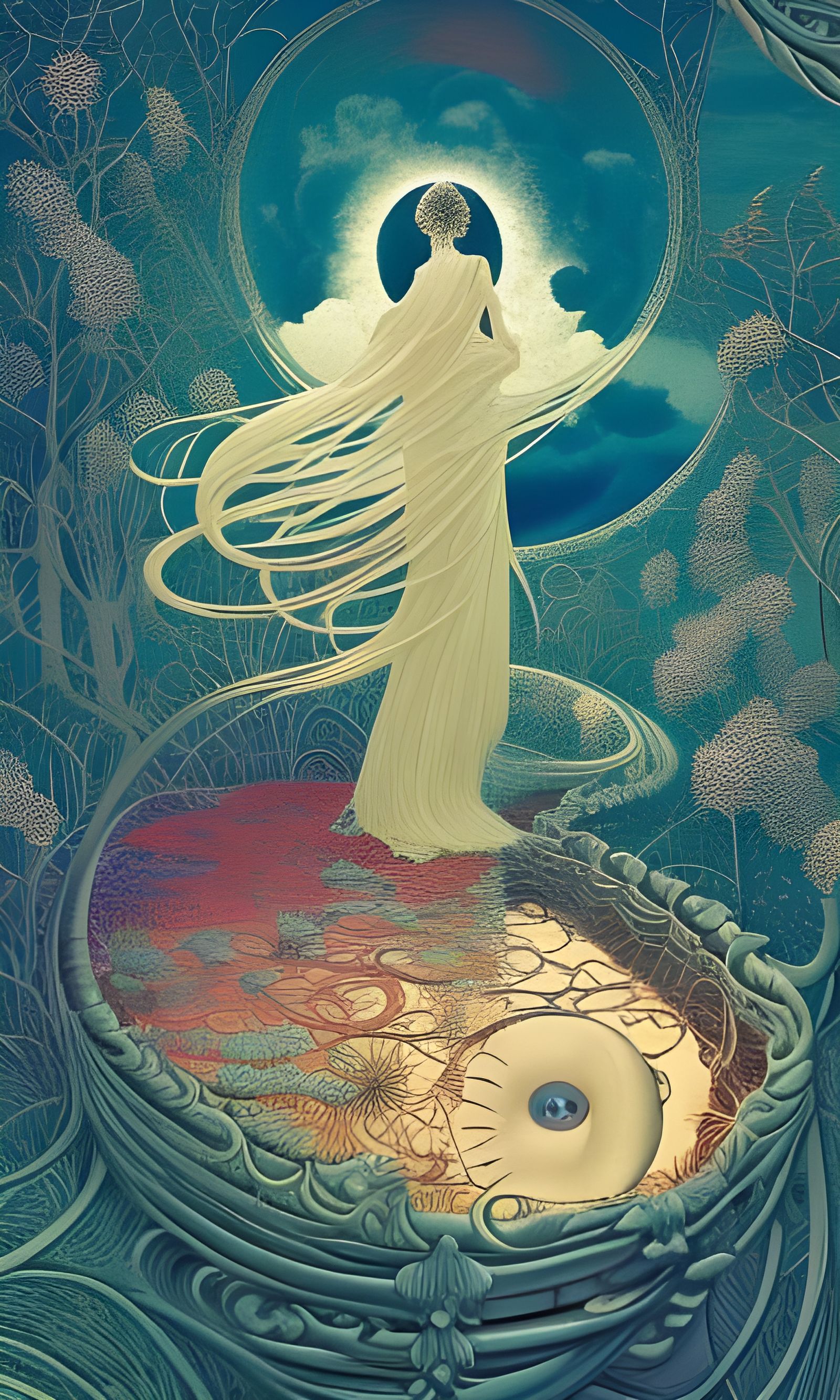 Celestial Woman in Floral Bed, Surreal Fairytale Art