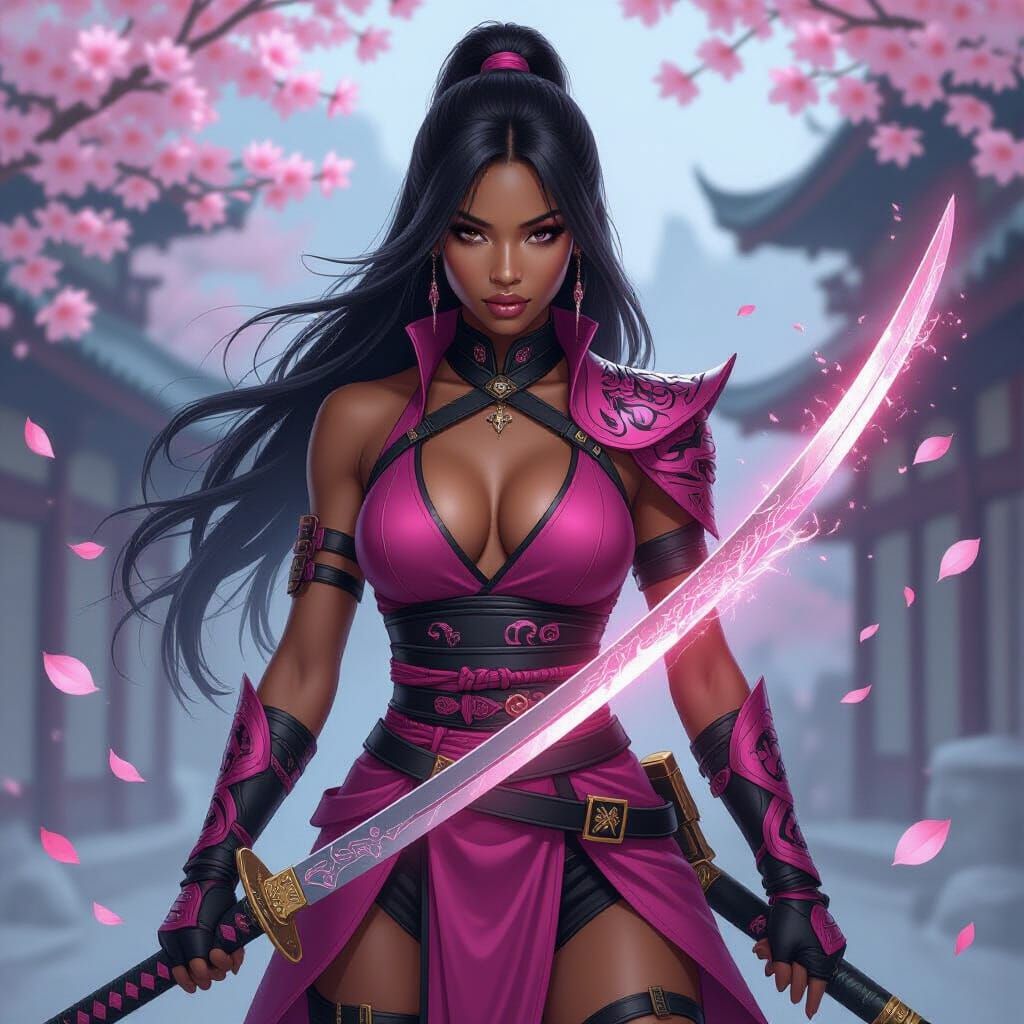 African American Ninja Lady in Pink and Black with Alien Cit...