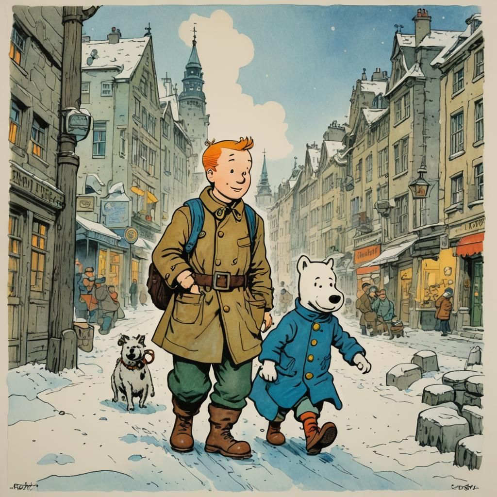 Tintin and Snowy in Hergé Comic Style