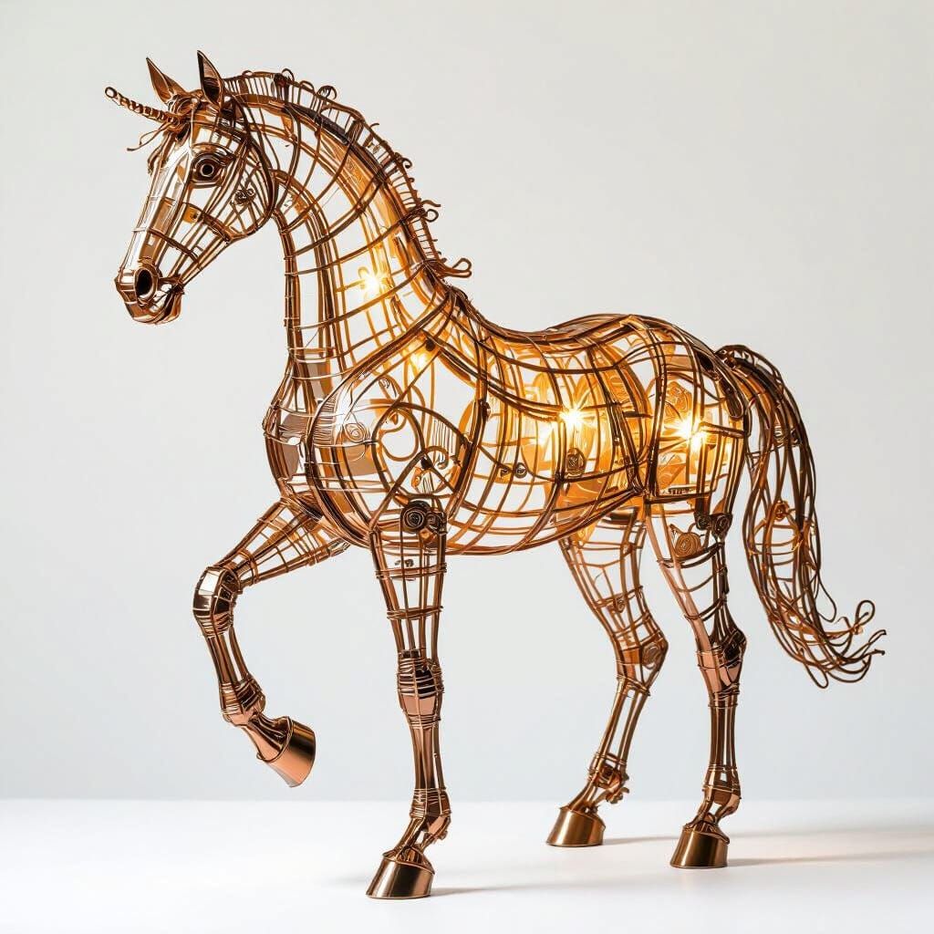 Golden Wire Horse Sculpture in Abstract Style