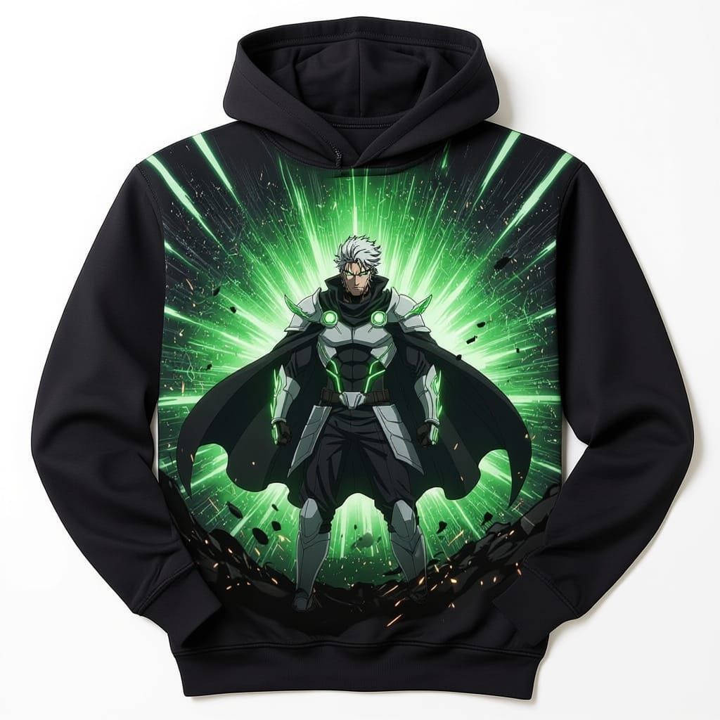 Original Anime Hero with Green Gauntlets and Black Cloak