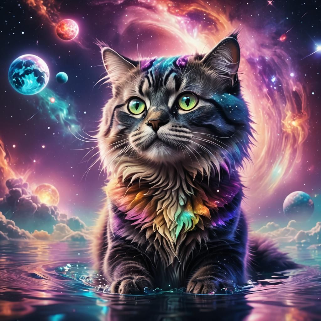 Surreal Water Cat Dances Amongst Vibrant Galaxy Stars