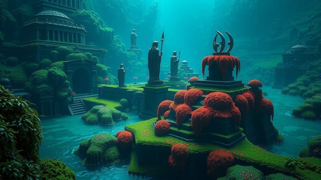 Overgrown Atlantean City Ruins with Poseidon Statues