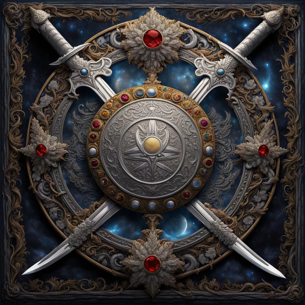 Silver Medallion and Jeweled Swords in Fantasy Art