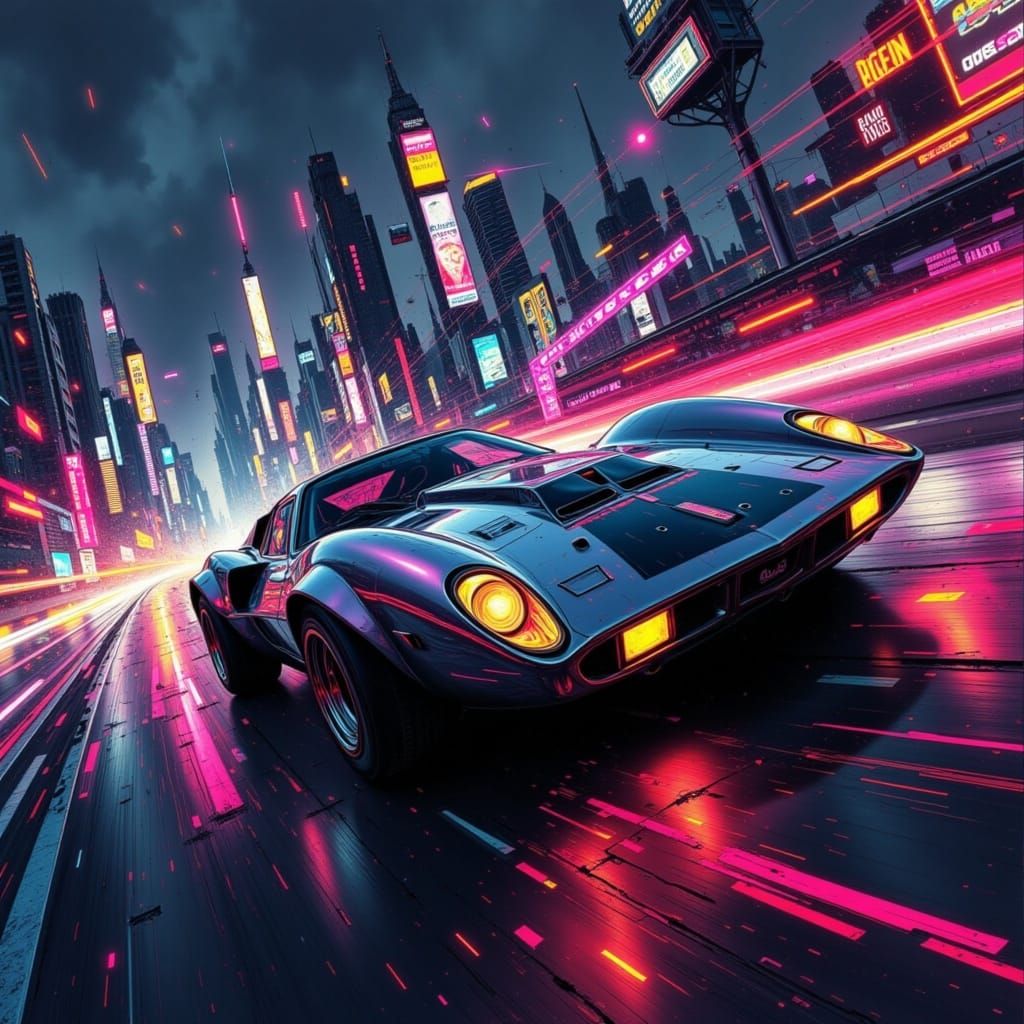 High-Tech Sports Car Speeds Down Retro-Futuristic Highway in...