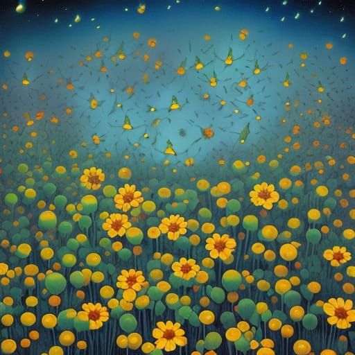 Surreal Garden of Talking Flowers and Fireflies