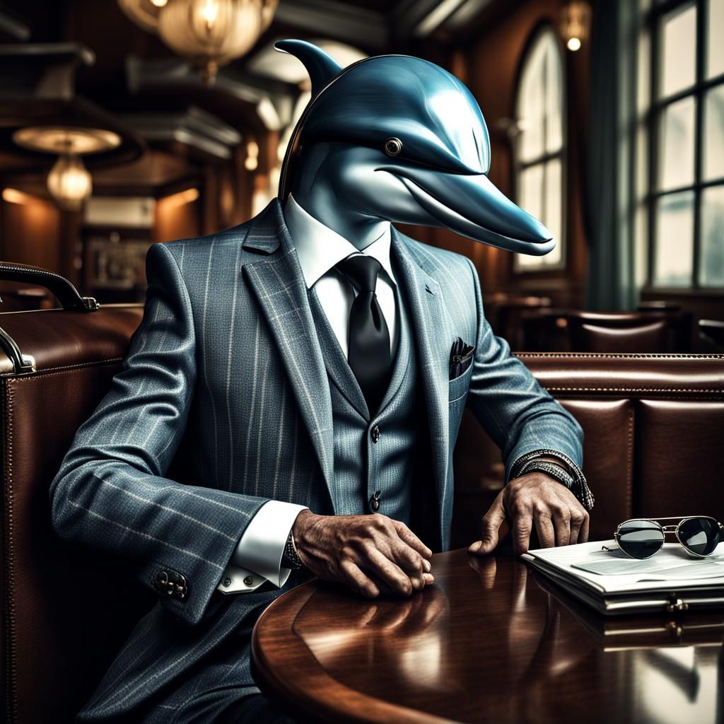 Dolphin in Business Suit at Bistro: Hyperrealistic Image