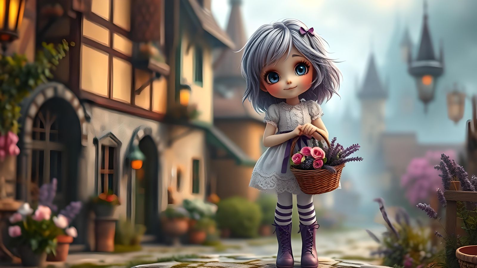 Whimsical Girl with Lavender Hair in Village