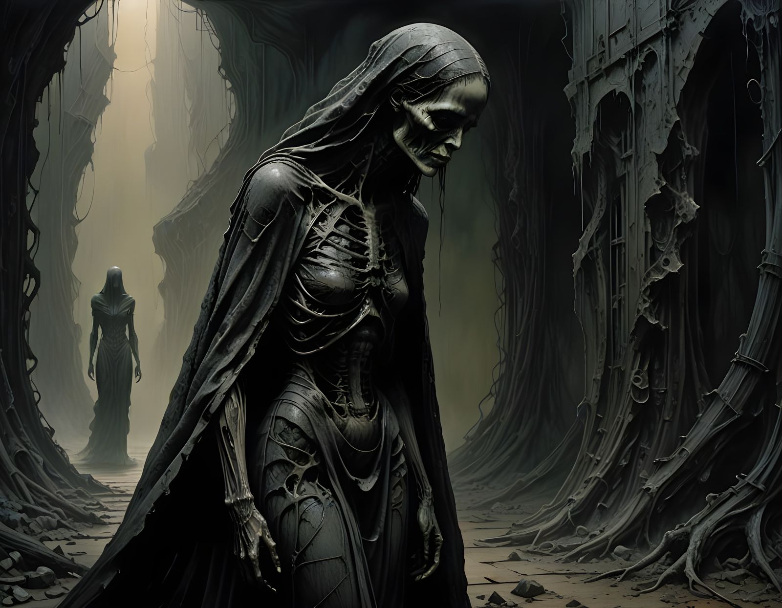 Surreal Figure Emerges from Dark Stone Reliefs