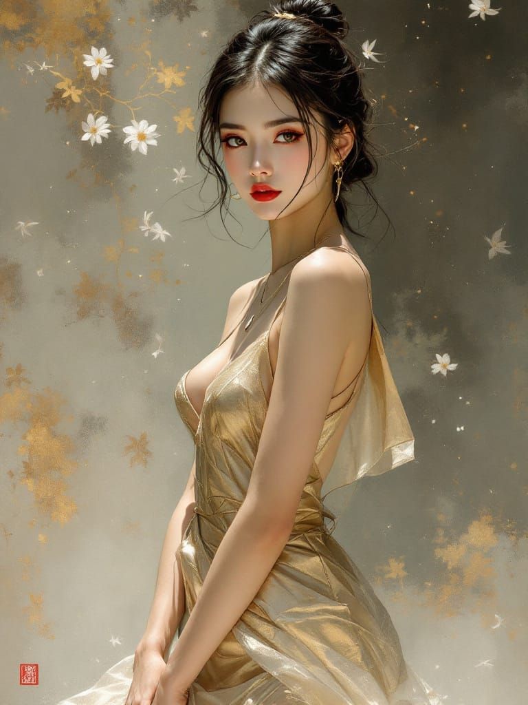 Golden Sundress Pin-Up Woman in Luminous Precision