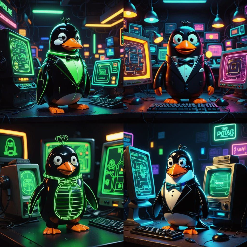 Whimsical Tux Linux Mascot in Cyberpunk Style