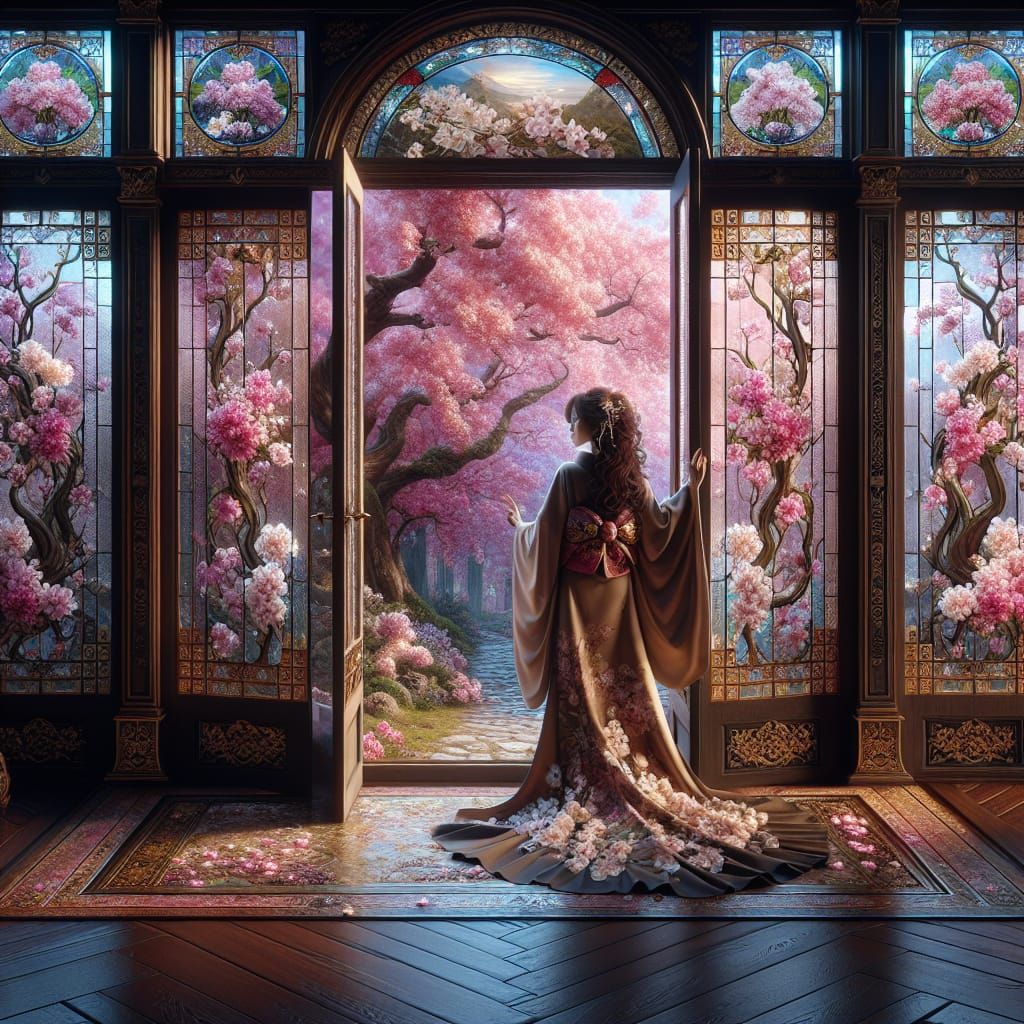The image is of floor to ceiling Stained Glass French Doors.  The Stained Glass design is of stunning cherry blossoms.  ...