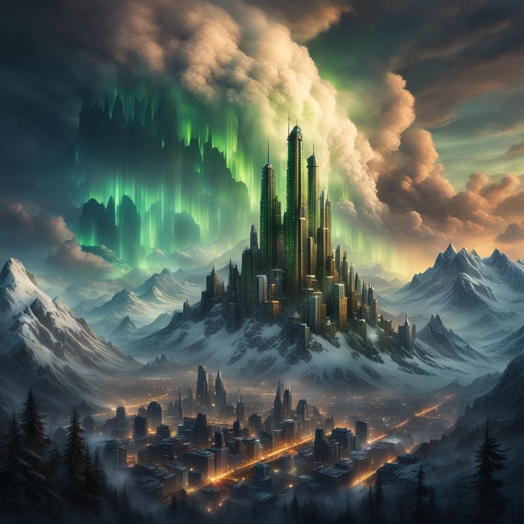 Steampunk Cityscape Under Aurora Borealis