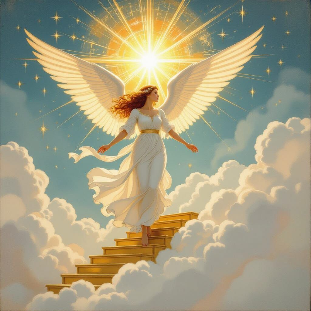 Rose Angel Descending on Golden Stairway in Dreamlike Style