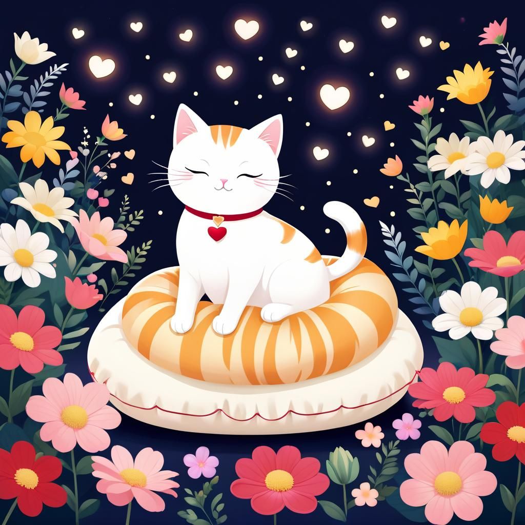 Cute Cat Sleeping Surrounded by Flowers