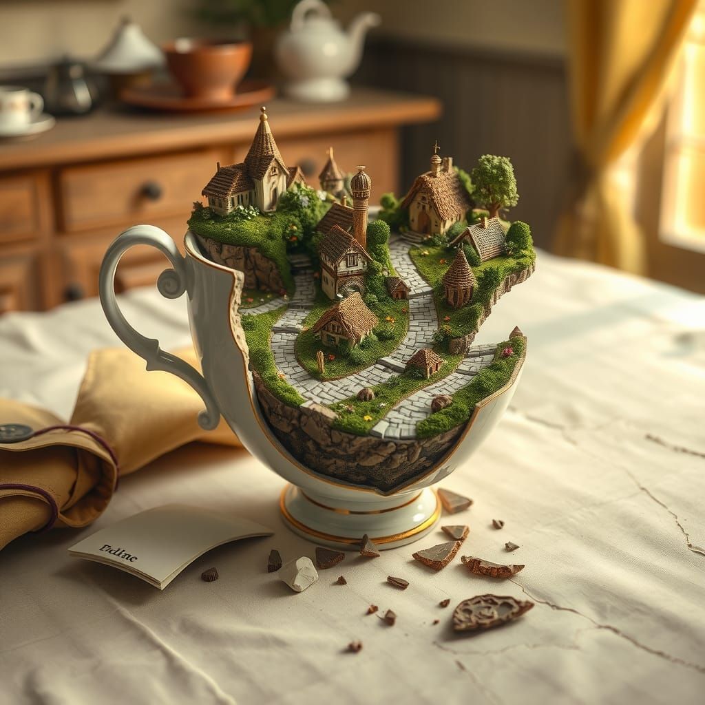 Enchanted Village in Teacup, Hyper-Realistic Steampunk Scene