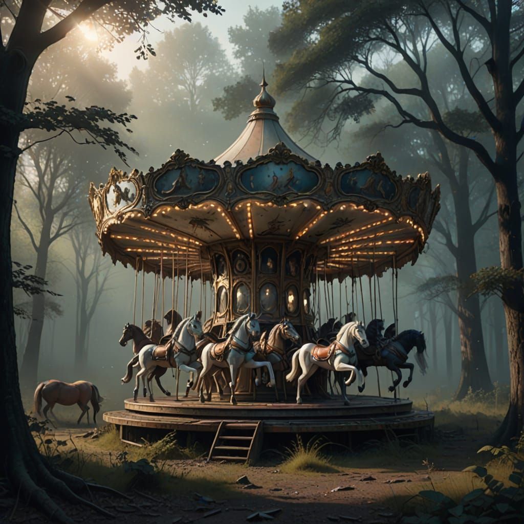 Abandoned Carousel in Misty Forest Clearing