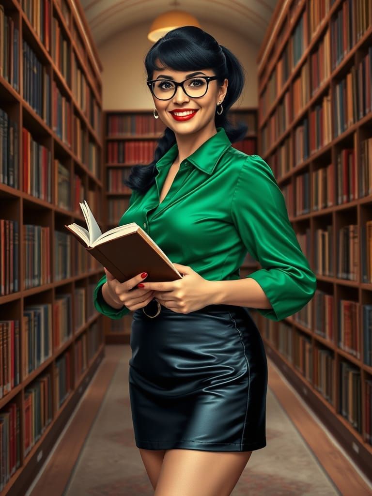 Psychedelic 50s Style Librarian in Silk Blouse and Miniskirt