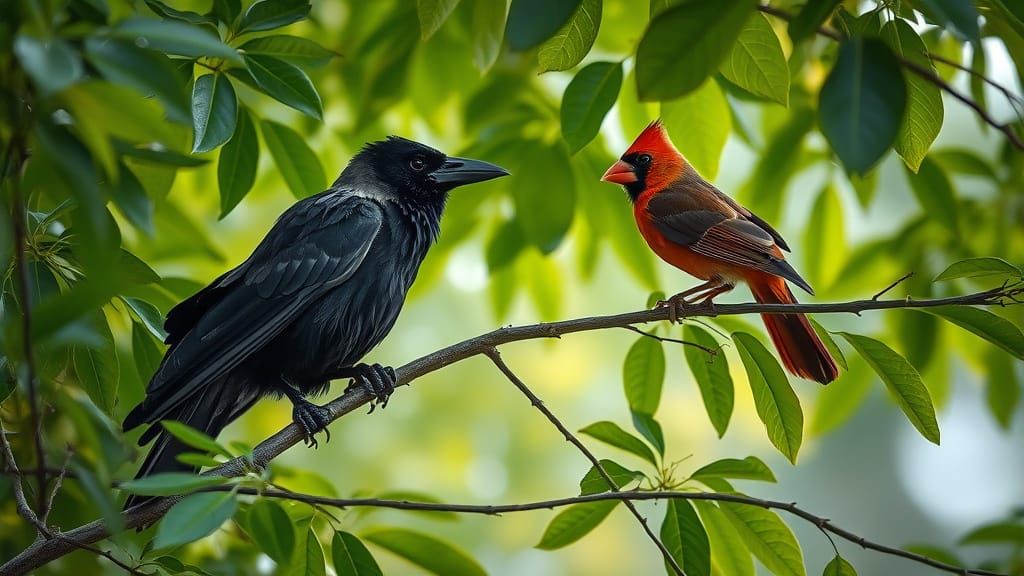 Crow and Cardinal on Branch, Hyperrealistic Style