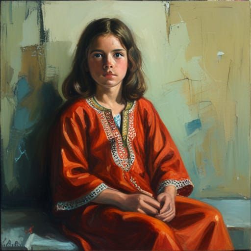 Girl in Red Kaftan, Oil Painting Style